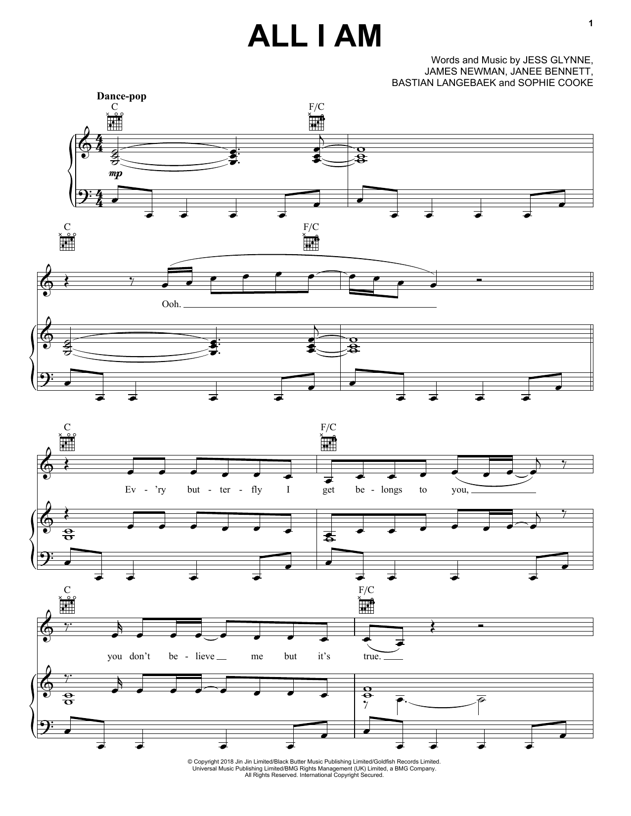 Jess Glynne All I Am sheet music notes and chords arranged for Piano, Vocal & Guitar Chords (Right-Hand Melody)