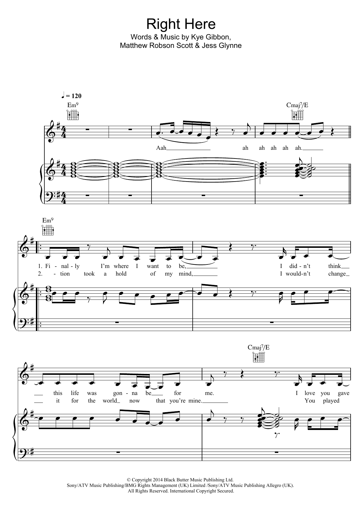 Jess Glynne Right Here sheet music notes and chords arranged for Piano, Vocal & Guitar Chords