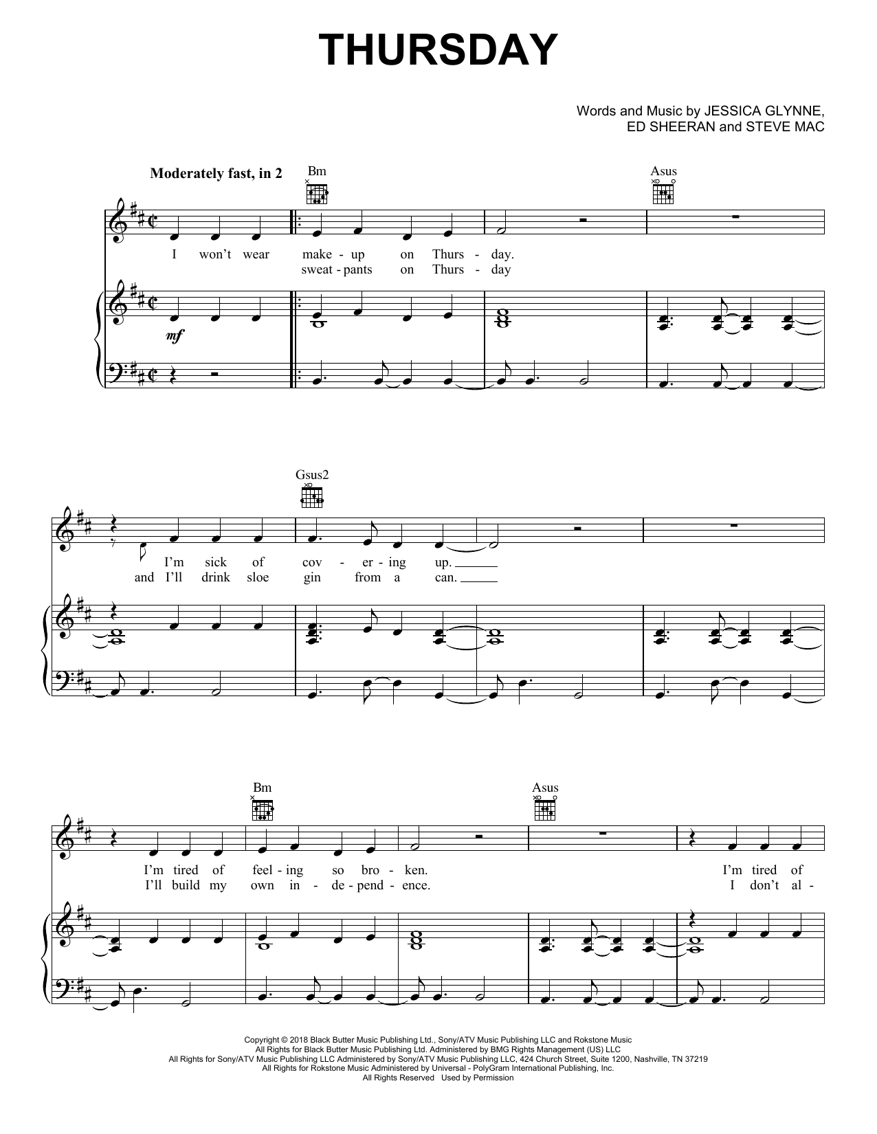 Jess Glynne Thursday sheet music notes and chords arranged for Piano, Vocal & Guitar Chords (Right-Hand Melody)
