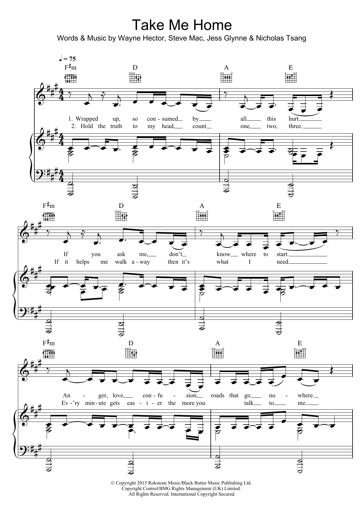 Jess Glynne Take Me Home (BBC Children In Need Single 2015) sheet music notes and chords arranged for Piano, Vocal & Guitar Chords