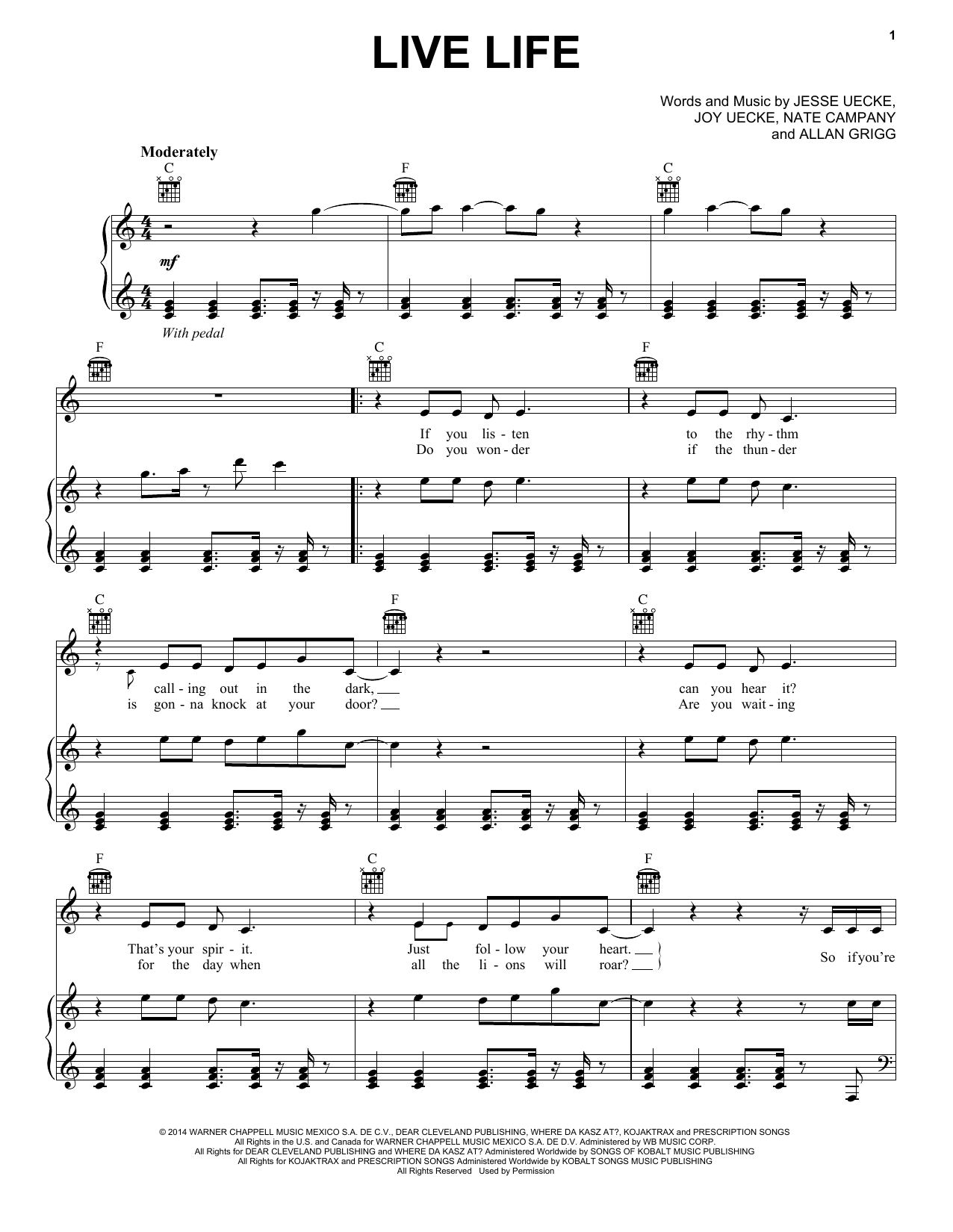 Jesse & Joy Live Life sheet music notes and chords arranged for Piano, Vocal & Guitar Chords (Right-Hand Melody)