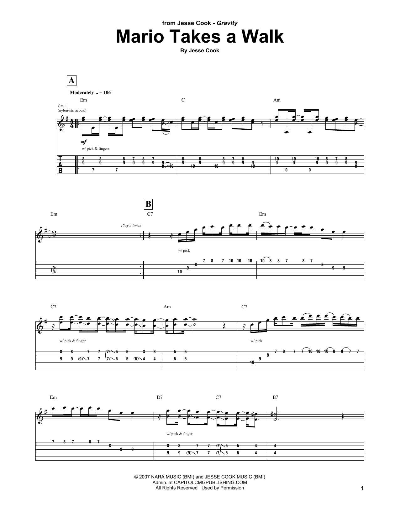 Jesse Cook Mario Takes A Walk sheet music notes and chords arranged for Guitar Tab