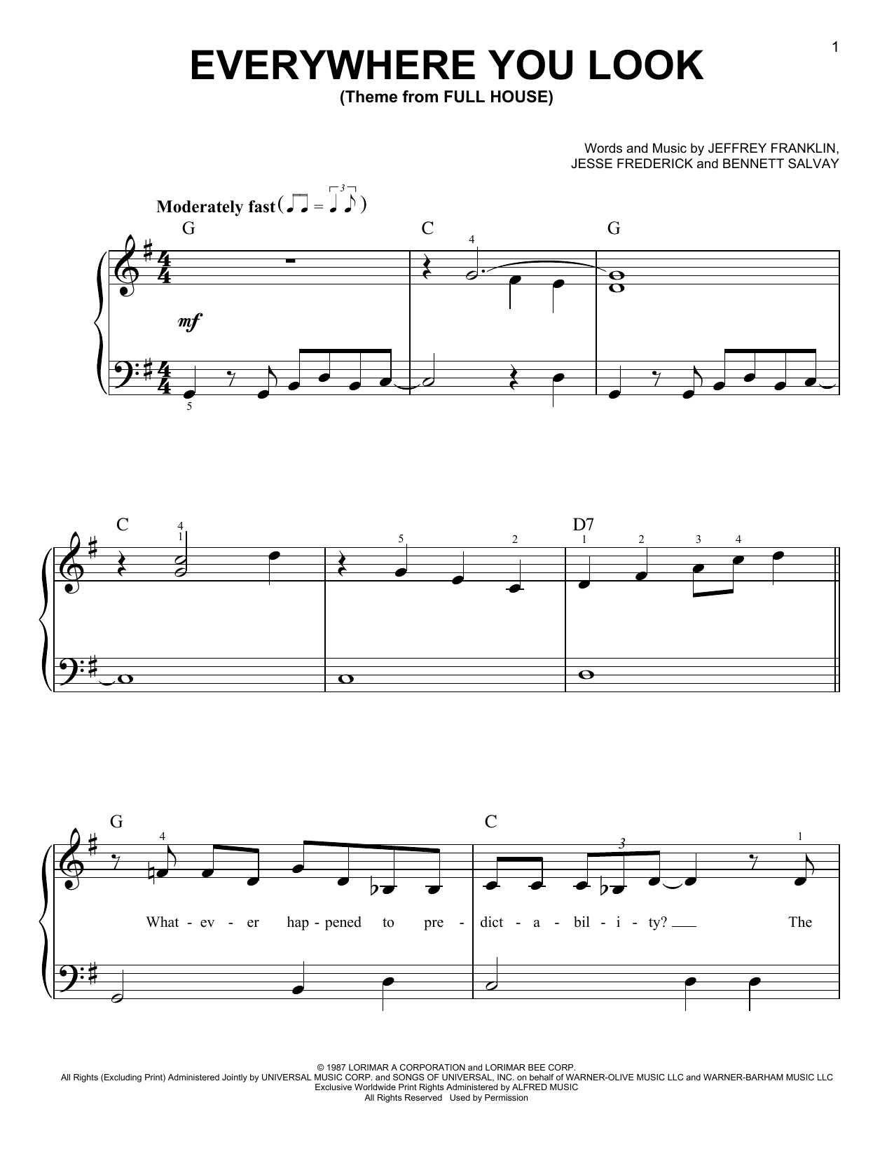 Jesse Frederick Everywhere You Look (Theme from Full House) sheet music notes and chords arranged for Very Easy Piano