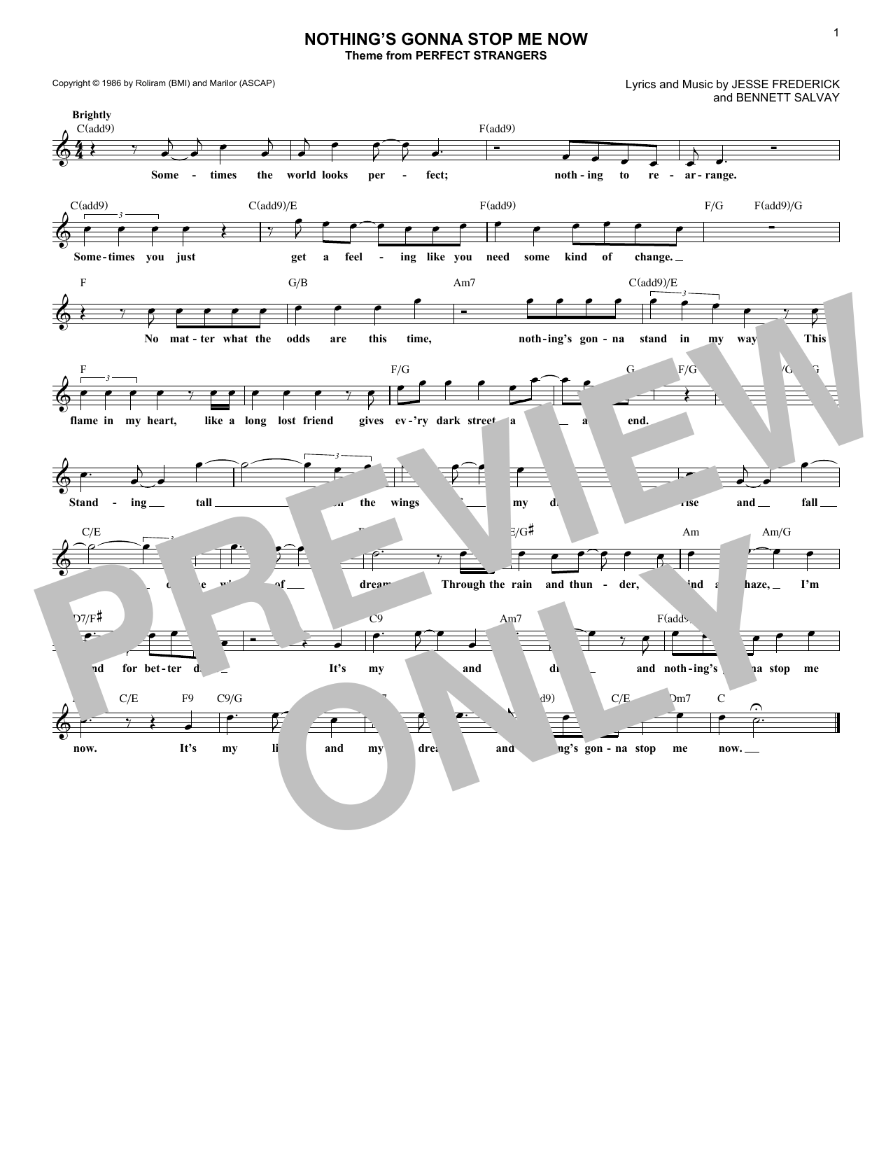 Jesse Frederick Nothing's Gonna Stop Me Now (from Perfect Strangers) sheet music notes and chords arranged for Lead Sheet / Fake Book