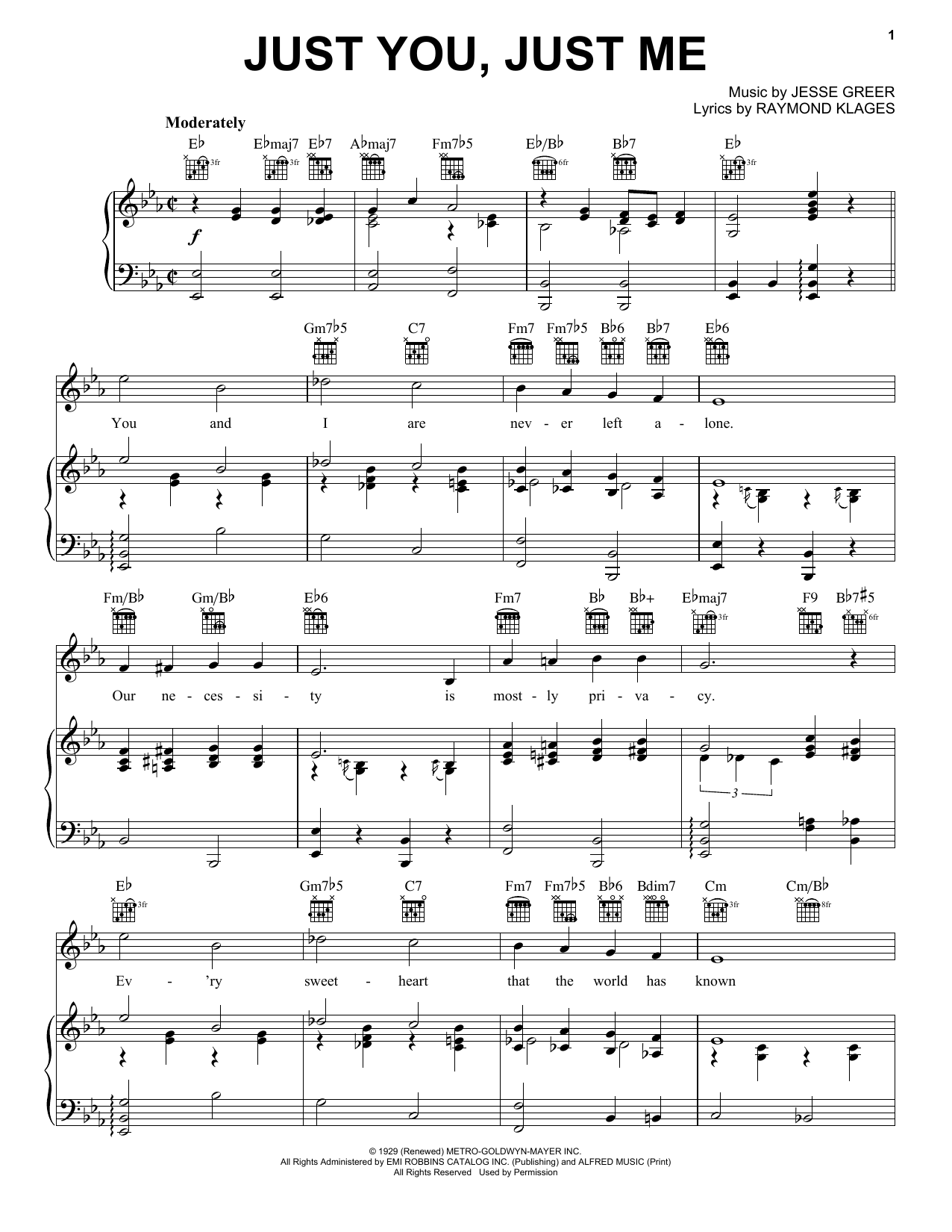 Jesse Greer Just You, Just Me sheet music notes and chords arranged for Piano, Vocal & Guitar Chords (Right-Hand Melody)