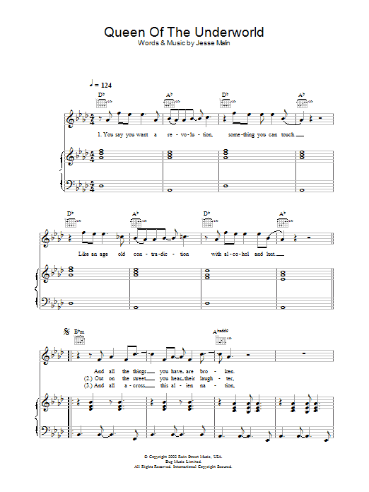 Jesse Malin Queen Of The Underworld sheet music notes and chords arranged for Piano, Vocal & Guitar Chords