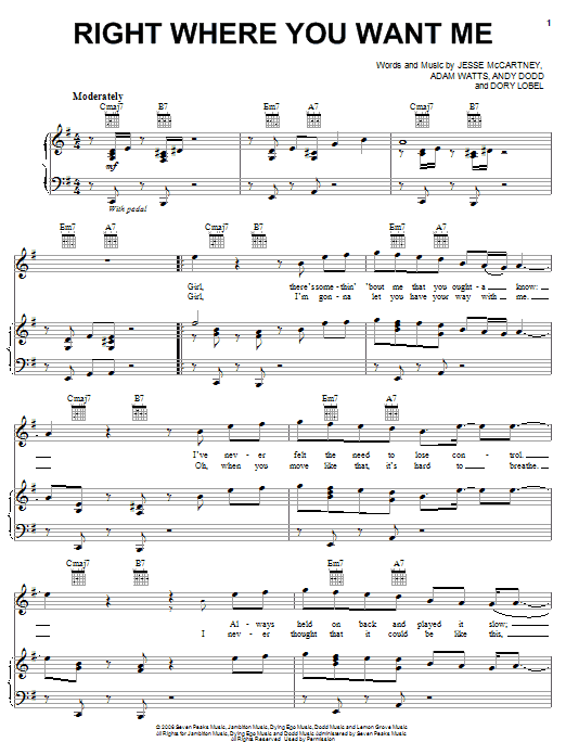 Jesse McCartney Right Where You Want Me sheet music notes and chords arranged for Piano, Vocal & Guitar Chords (Right-Hand Melody)