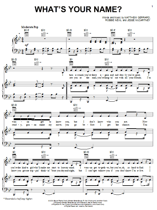 Jesse McCartney What's Your Name? sheet music notes and chords arranged for Piano, Vocal & Guitar Chords (Right-Hand Melody)