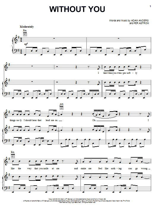 Jesse McCartney Without You sheet music notes and chords arranged for Piano, Vocal & Guitar Chords (Right-Hand Melody)
