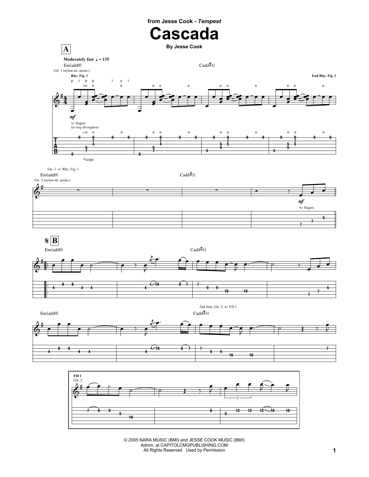 Jesse Cook Cascada sheet music notes and chords arranged for Guitar Tab
