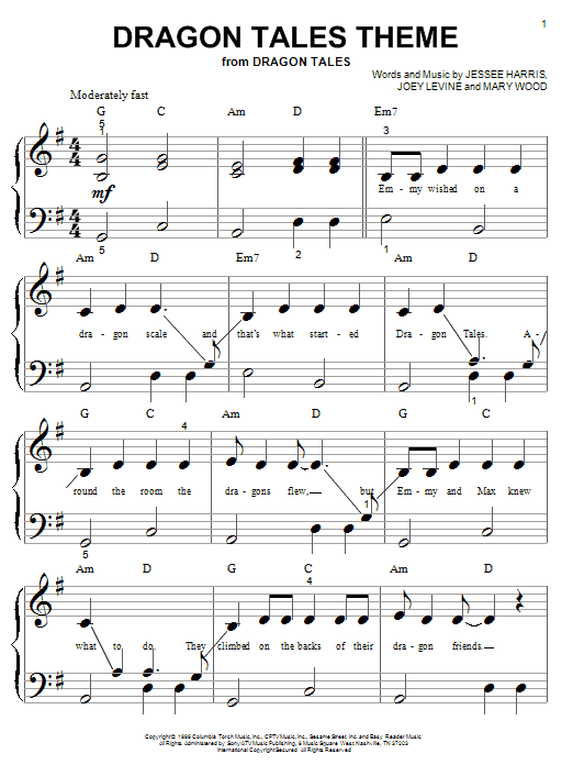Jessee Harris Dragon Tales Theme sheet music notes and chords arranged for Piano, Vocal & Guitar Chords (Right-Hand Melody)