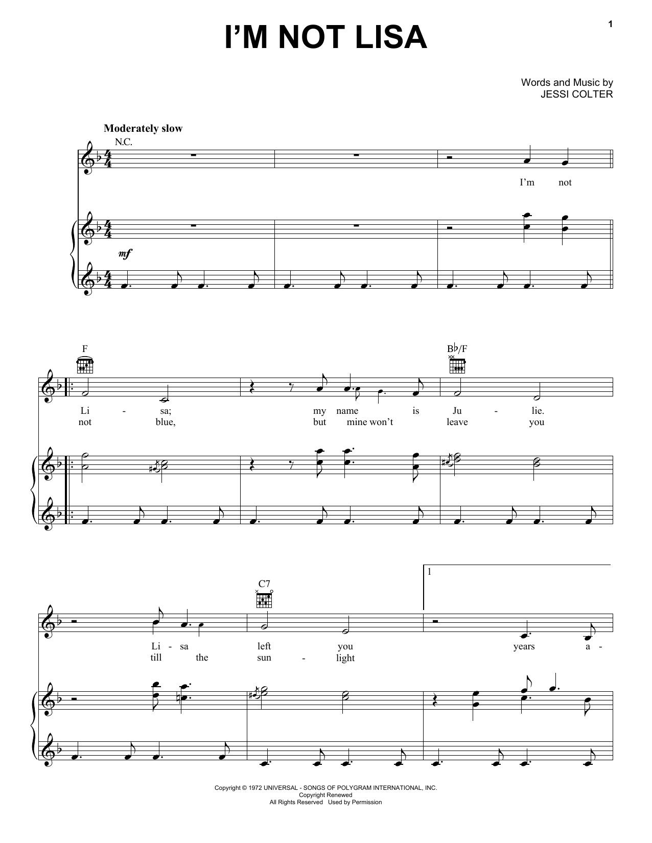 Jessi Colter I'm Not Lisa sheet music notes and chords arranged for Real Book – Melody, Lyrics & Chords