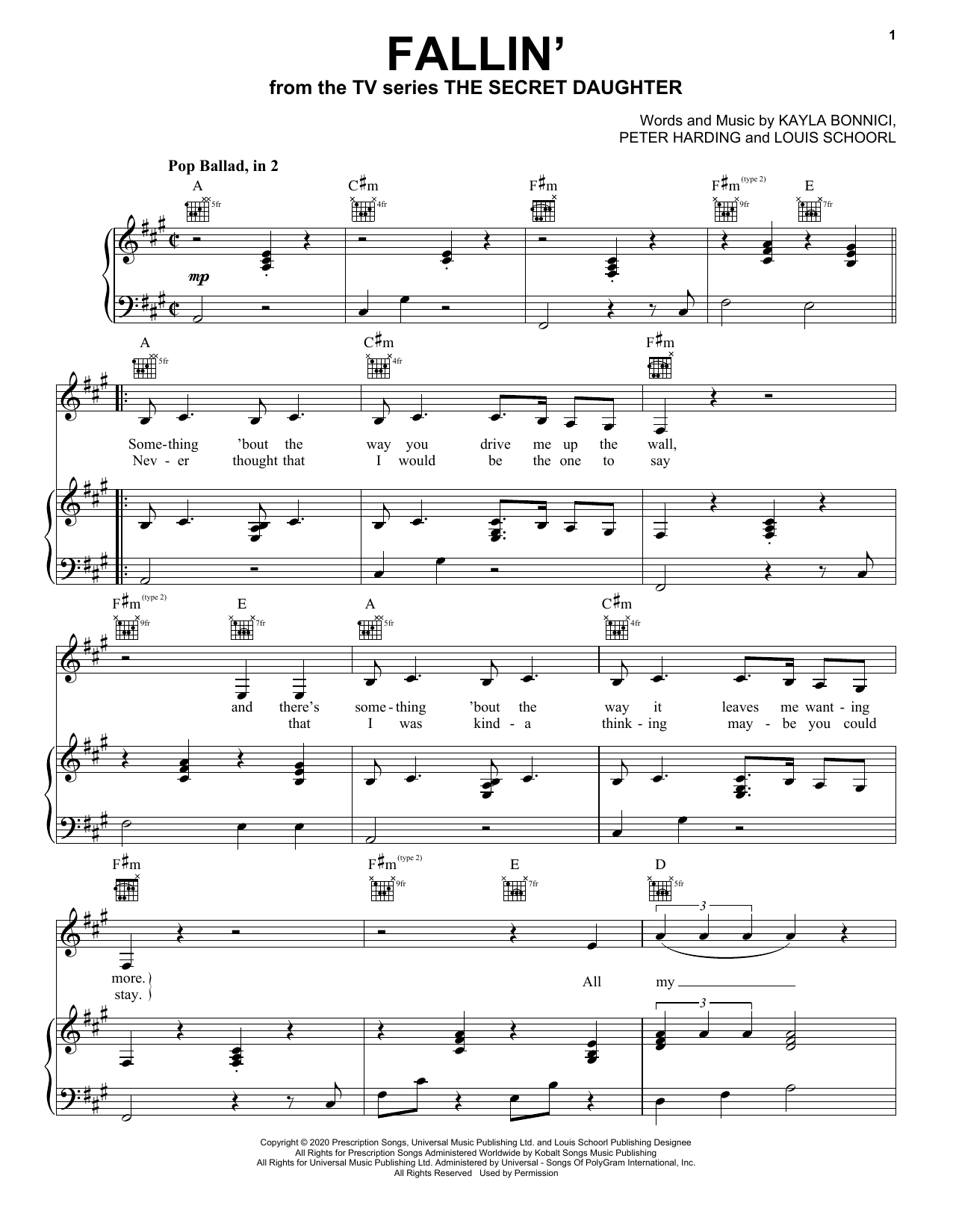 Jessica Mauboy Fallin' (from the TV series The Secret Daughter) sheet music notes and chords arranged for Piano, Vocal & Guitar Chords (Right-Hand Melody)