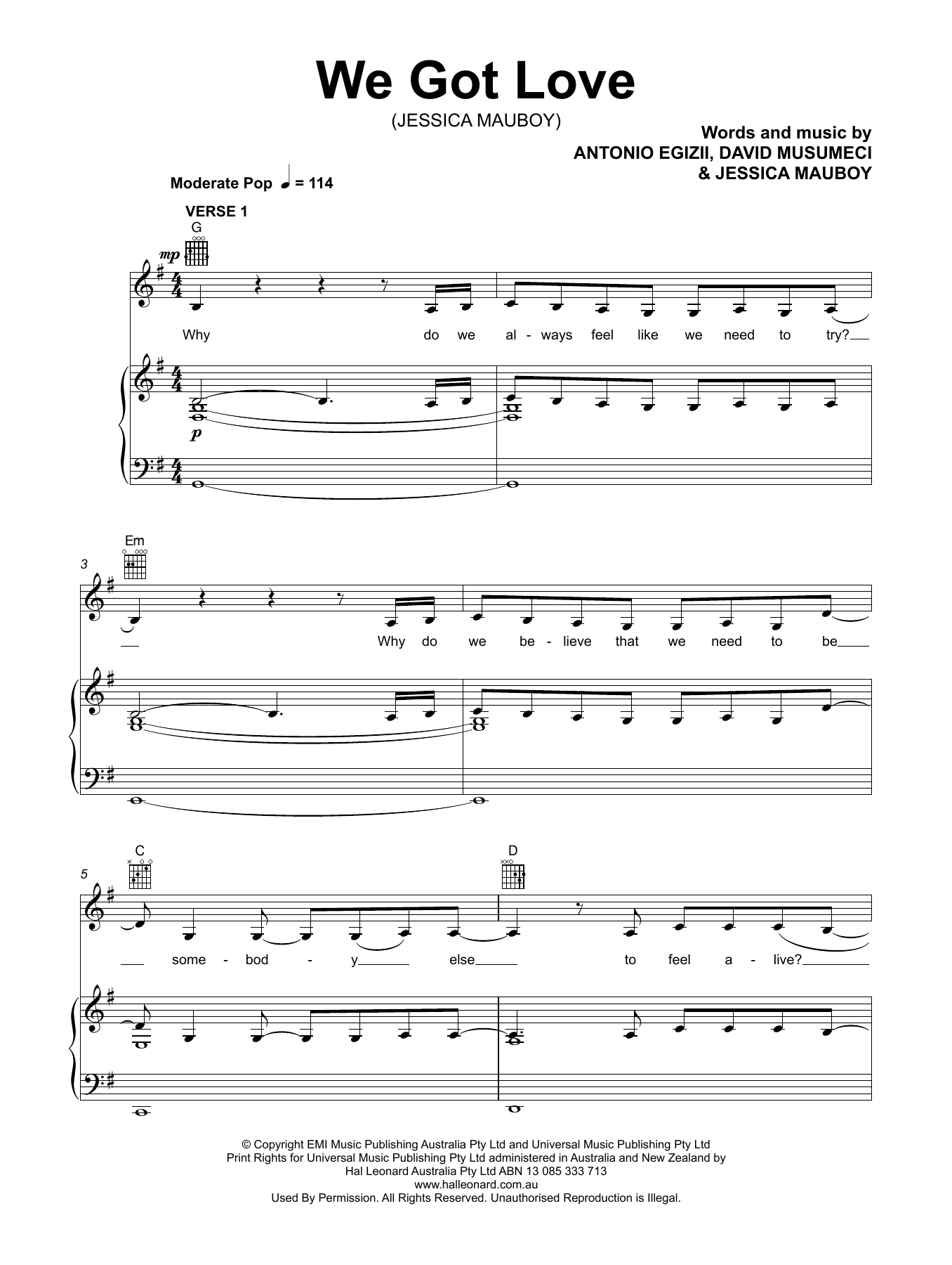 Jessica Mauboy We Got Love sheet music notes and chords arranged for Piano, Vocal & Guitar Chords (Right-Hand Melody)