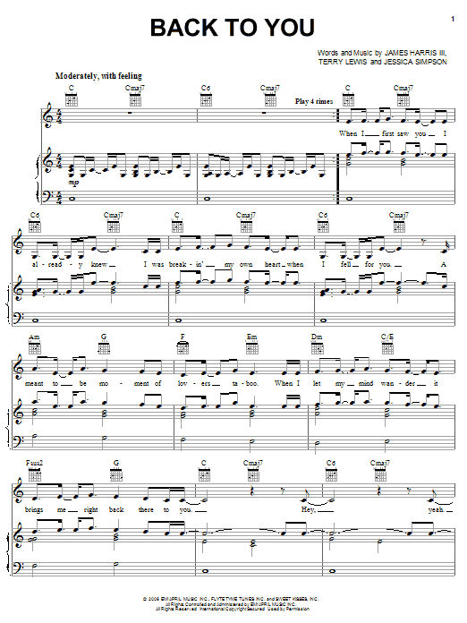 Jessica Simpson Back To You sheet music notes and chords arranged for Piano, Vocal & Guitar Chords (Right-Hand Melody)