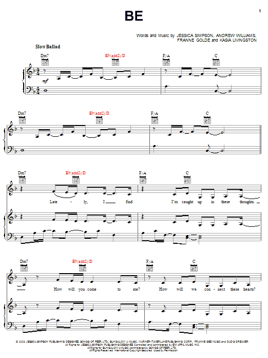 Jessica Simpson Be sheet music notes and chords arranged for Piano, Vocal & Guitar Chords (Right-Hand Melody)