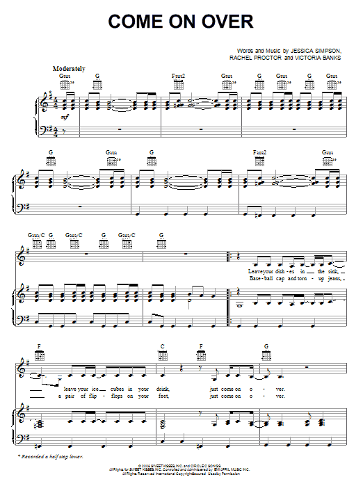 Jessica Simpson Come On Over sheet music notes and chords arranged for Piano, Vocal & Guitar Chords (Right-Hand Melody)