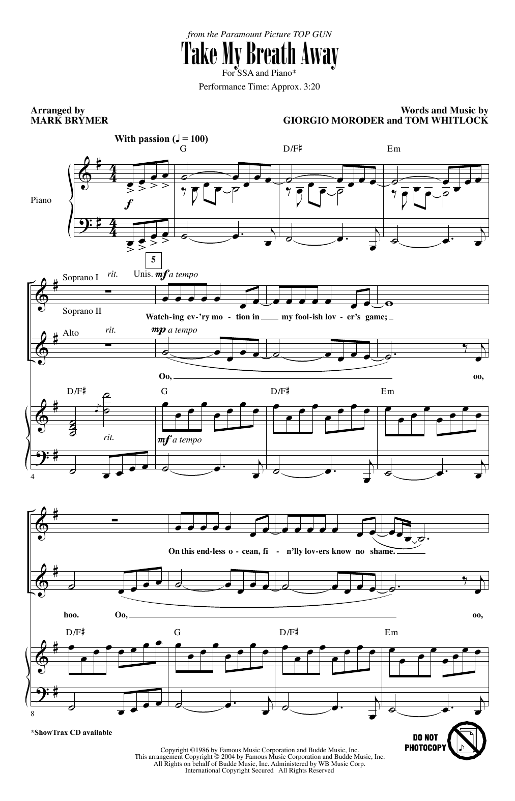 Jessica Simpson Take My Breath Away (Love Theme) (from Top Gun) (arr. Mark Brymer) sheet music notes and chords arranged for SSA Choir