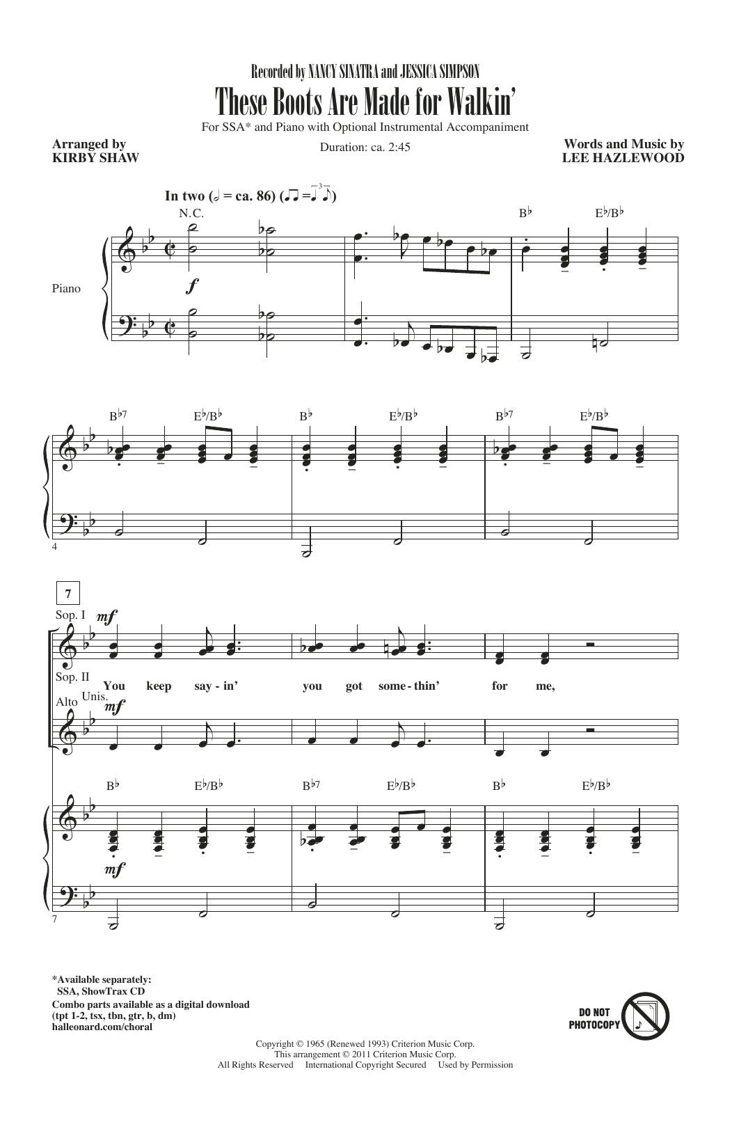 Jessica Simpson These Boots Are Made For Walkin' (arr. Kirby Shaw) sheet music notes and chords arranged for SSA Choir