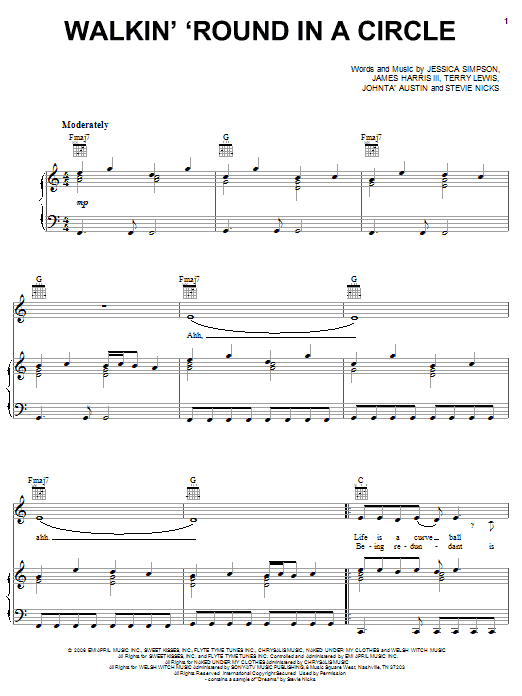 Jessica Simpson Walkin' 'Round In A Circle sheet music notes and chords arranged for Piano, Vocal & Guitar Chords (Right-Hand Melody)