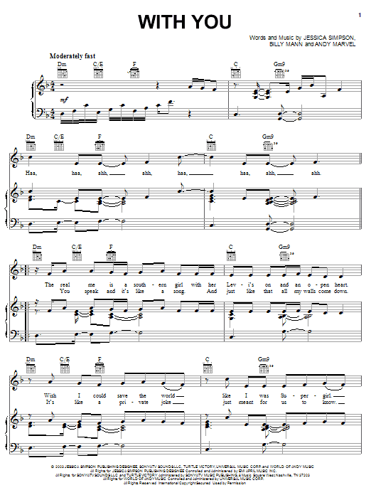 Jessica Simpson With You sheet music notes and chords arranged for Piano, Vocal & Guitar Chords (Right-Hand Melody)