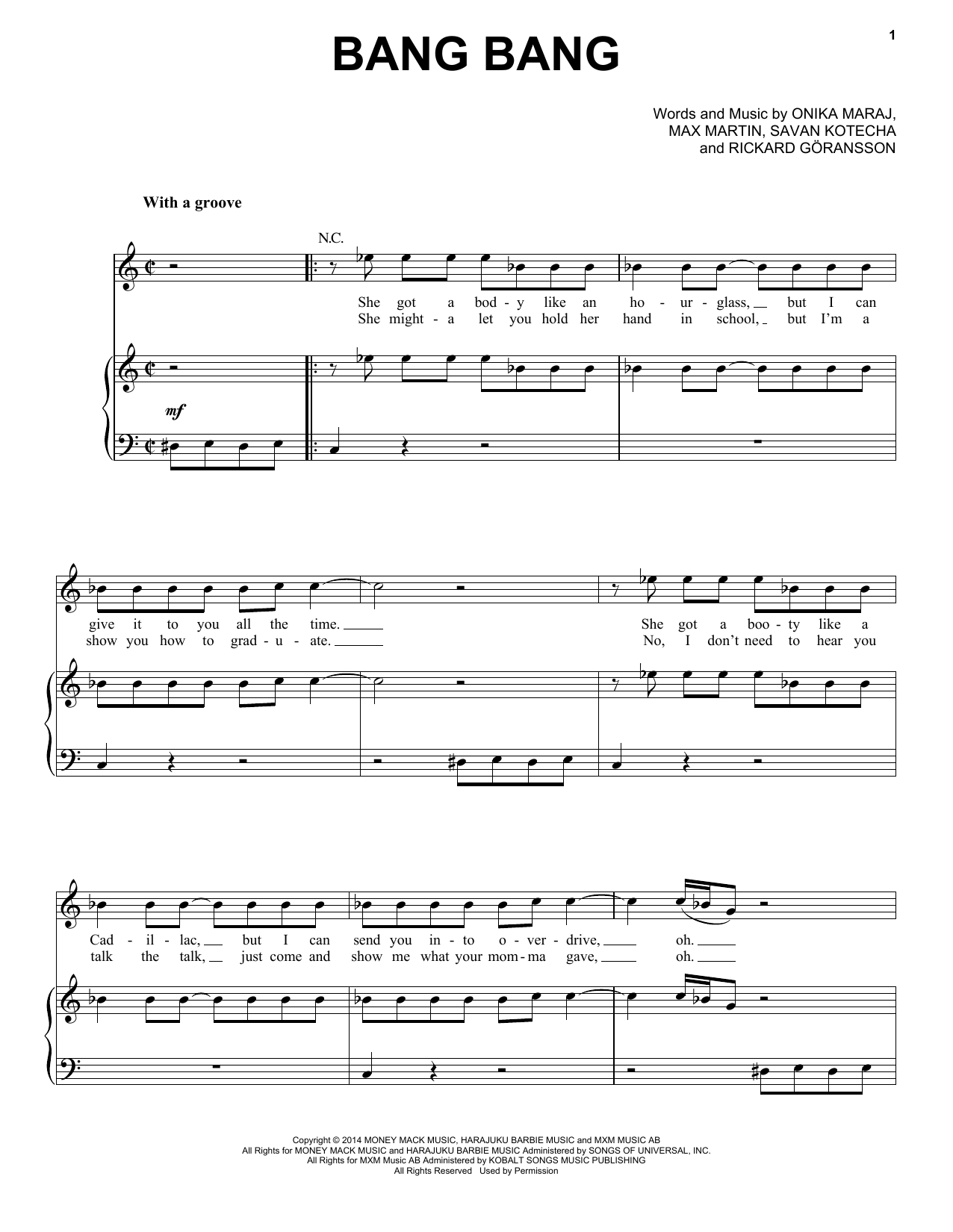 Jessie J, Ariana Grande & Nicki Minaj Bang Bang sheet music notes and chords arranged for Piano, Vocal & Guitar Chords (Right-Hand Melody)