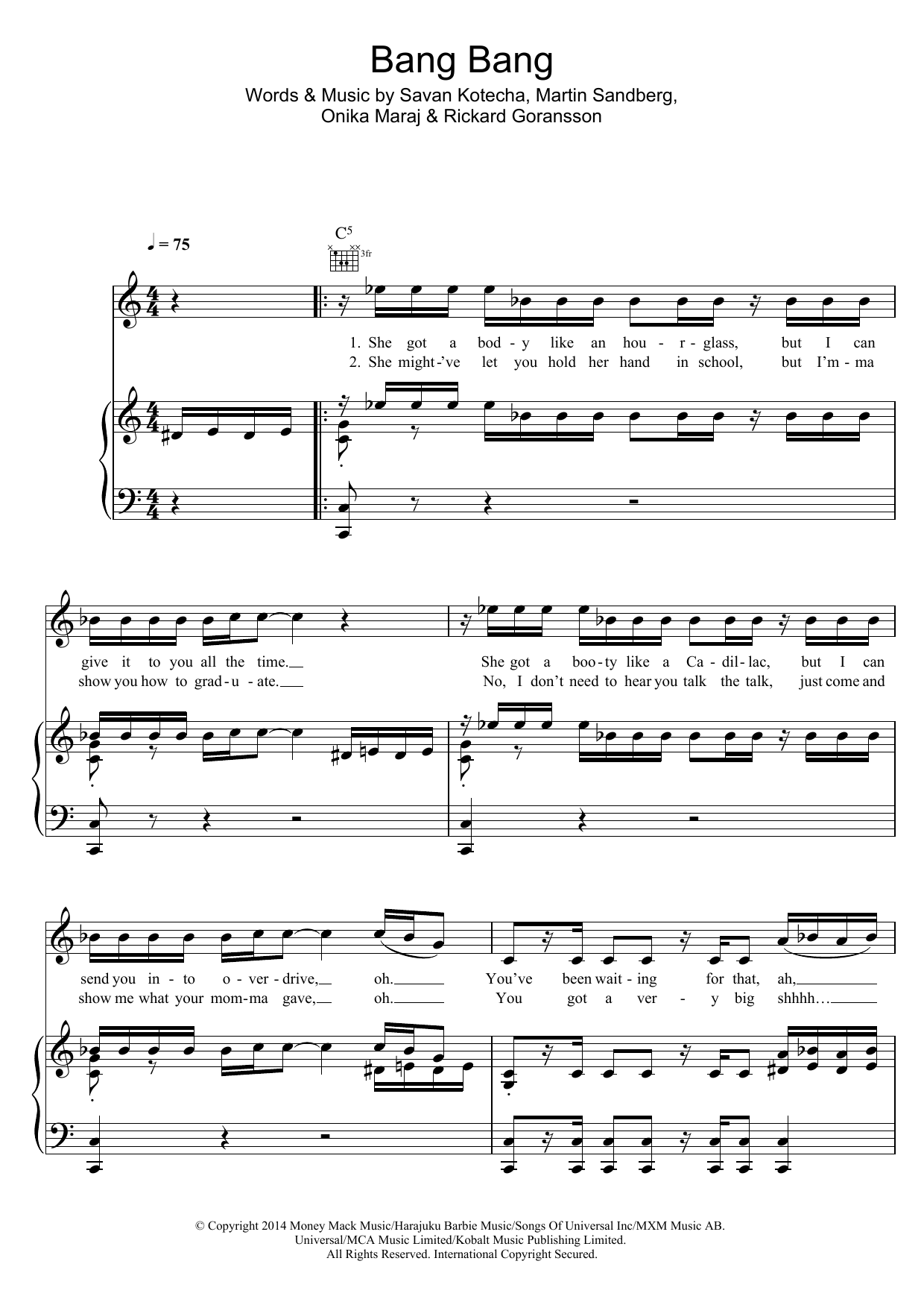 Jessie J Bang Bang sheet music notes and chords arranged for Piano, Vocal & Guitar Chords
