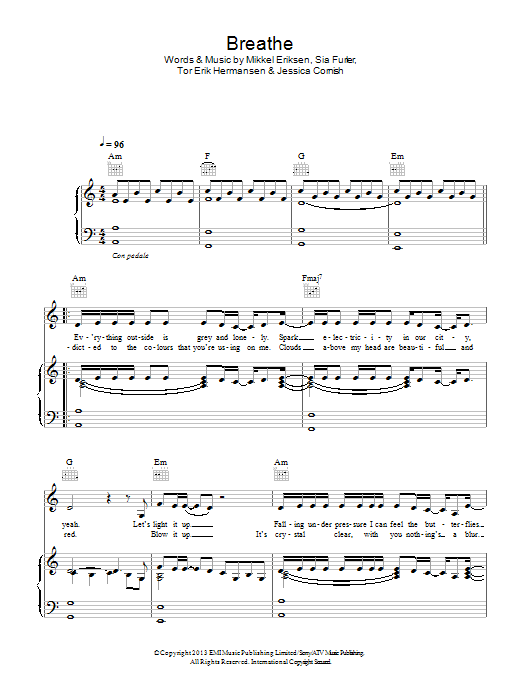 Jessie J Breathe sheet music notes and chords arranged for Piano, Vocal & Guitar Chords