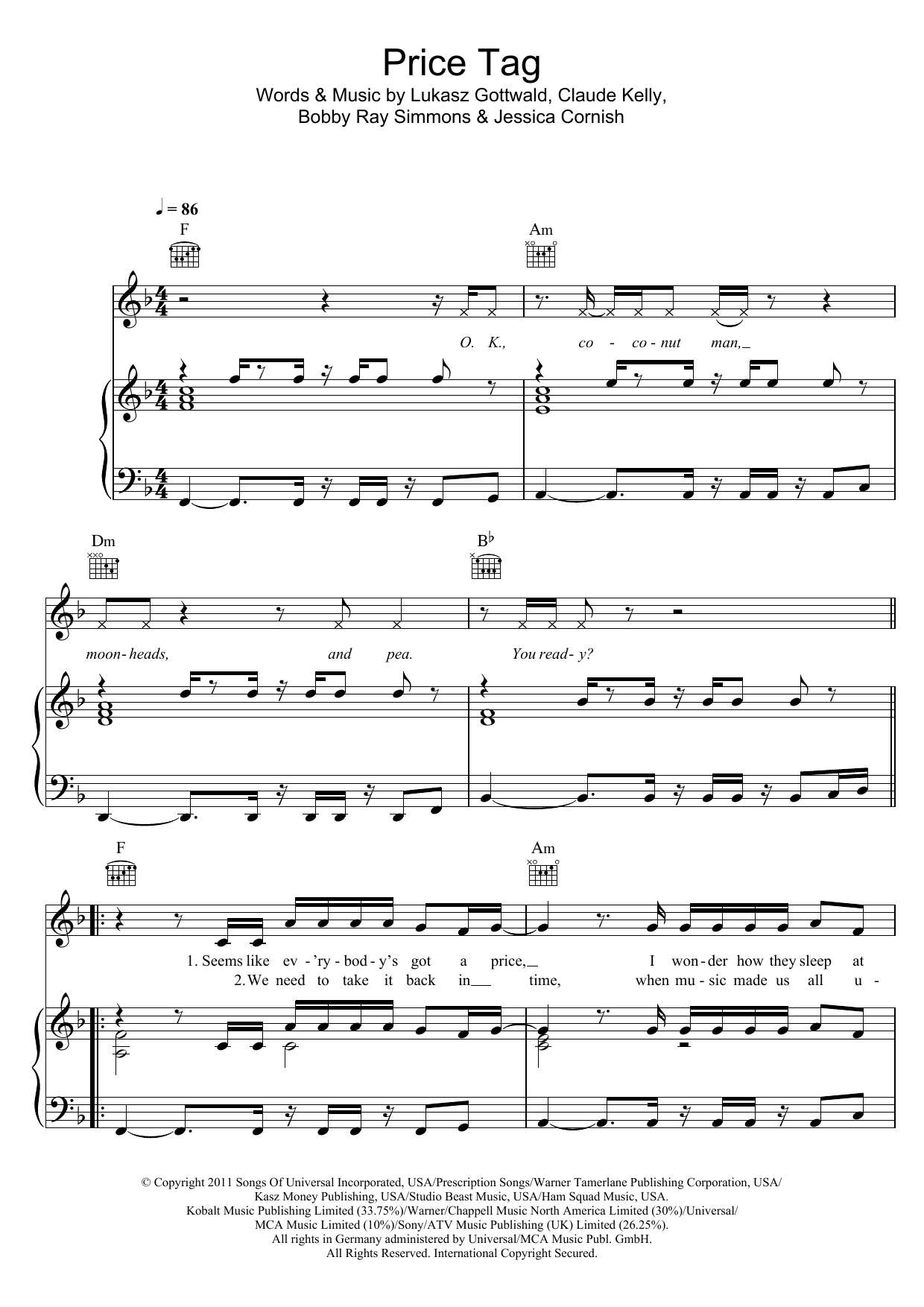 Jessie J Price Tag (featuring B.o.B) sheet music notes and chords arranged for Piano, Vocal & Guitar Chords (Right-Hand Melody)