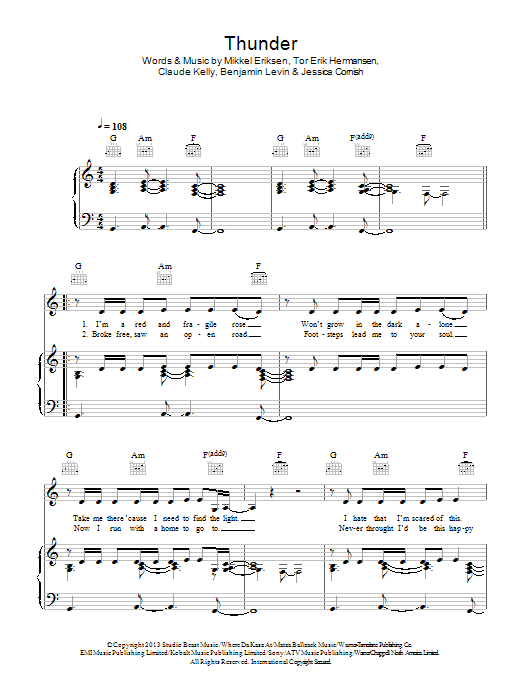 Jessie J Thunder sheet music notes and chords arranged for Piano, Vocal & Guitar Chords