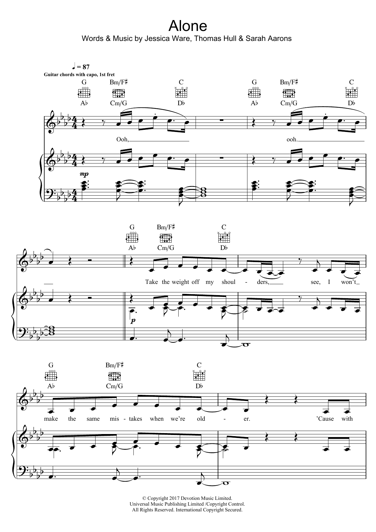 Jessie Ware Alone sheet music notes and chords arranged for Piano, Vocal & Guitar Chords