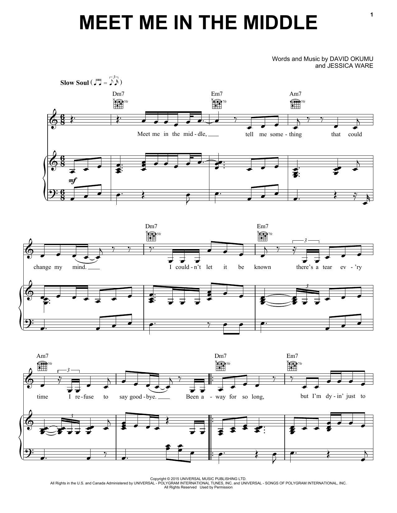 Jessie Ware Meet Me In The Middle sheet music notes and chords arranged for Piano, Vocal & Guitar Chords (Right-Hand Melody)