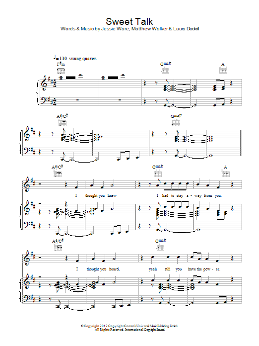Jessie Ware Sweet Talk sheet music notes and chords arranged for Piano, Vocal & Guitar Chords