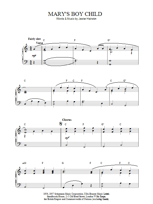 Jester Hairston Mary's Boy Child sheet music notes and chords arranged for Piano, Vocal & Guitar Chords (Right-Hand Melody)