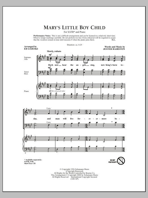 Jester Hairston Mary's Little Boy Child (arr. Ed Lojeski) sheet music notes and chords arranged for SATB Choir