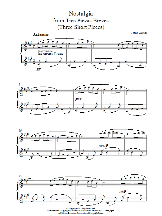 Jesus Guridi Nostalgia From Tres Piezas Breves sheet music notes and chords arranged for Piano Solo