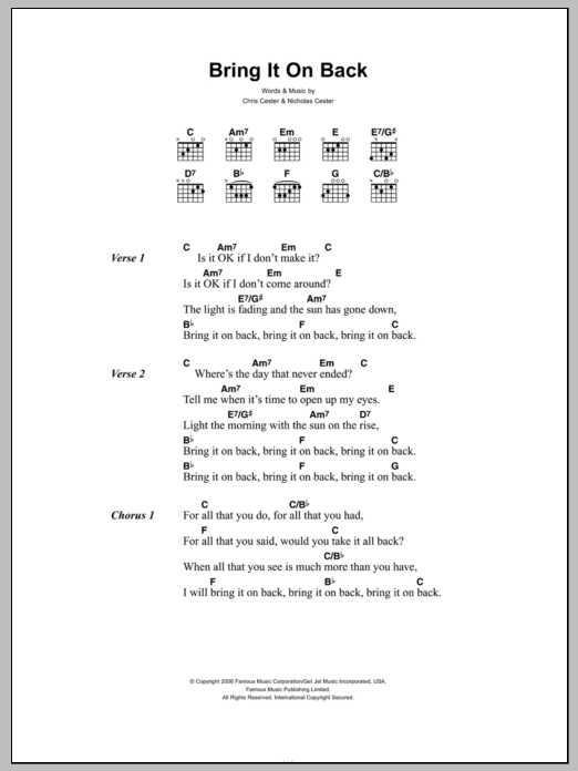 Jet Bring It On Back sheet music notes and chords arranged for Guitar Chords/Lyrics