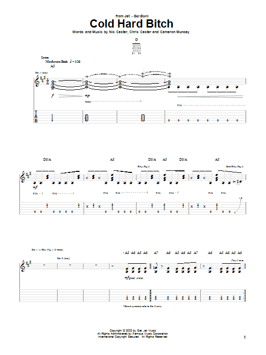 Jet Cold Hard Bitch sheet music notes and chords arranged for Easy Guitar Tab