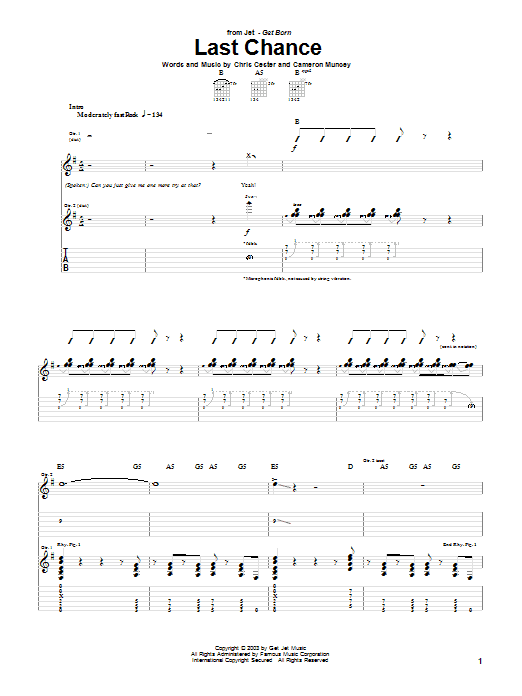 Jet Last Chance sheet music notes and chords arranged for Guitar Tab