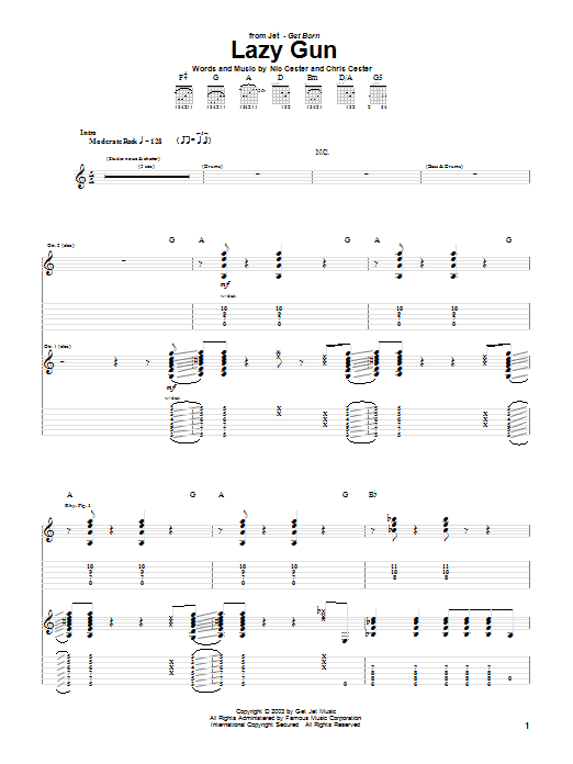 Jet Lazy Gun sheet music notes and chords arranged for Guitar Tab