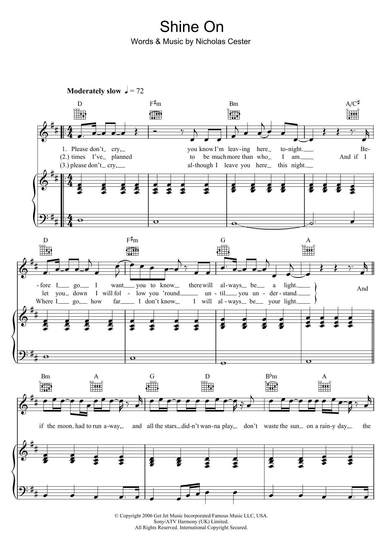 Jet Shine On sheet music notes and chords arranged for Piano, Vocal & Guitar Chords