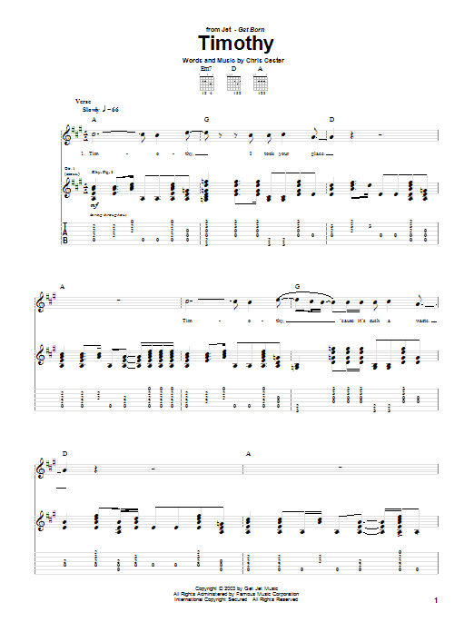 Jet Timothy sheet music notes and chords arranged for Guitar Tab