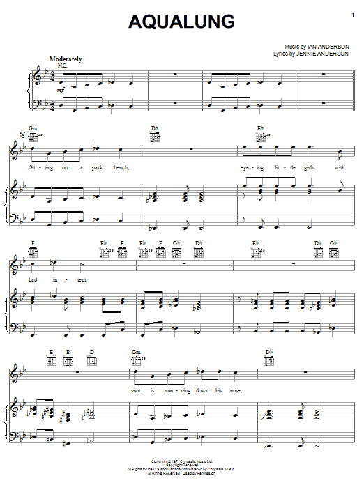 Jethro Tull Aqualung sheet music notes and chords arranged for Piano, Vocal & Guitar Chords (Right-Hand Melody)