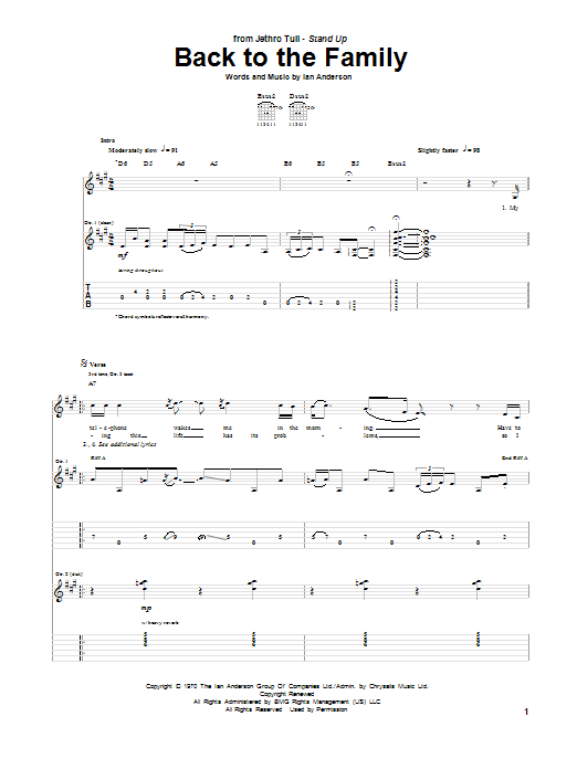 Jethro Tull Back To The Family sheet music notes and chords arranged for Guitar Tab