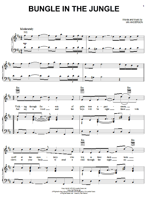 Jethro Tull Bungle In The Jungle sheet music notes and chords arranged for Piano, Vocal & Guitar Chords (Right-Hand Melody)