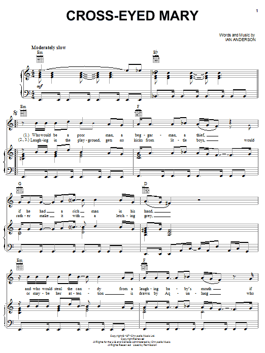 Jethro Tull Cross-Eyed Mary sheet music notes and chords arranged for Piano, Vocal & Guitar Chords (Right-Hand Melody)