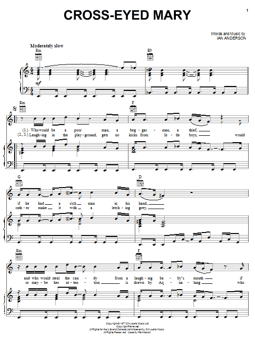 Jethro Tull Cross-Eyed Mary sheet music notes and chords arranged for Guitar Tab