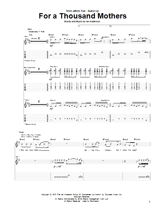 Jethro Tull For A Thousand Mothers sheet music notes and chords arranged for Guitar Tab