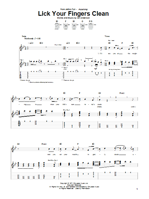 Jethro Tull Lick Your Fingers Clean sheet music notes and chords arranged for Guitar Tab