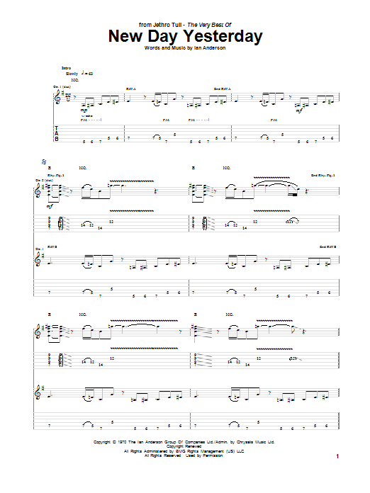 Jethro Tull New Day Yesterday sheet music notes and chords arranged for Guitar Tab